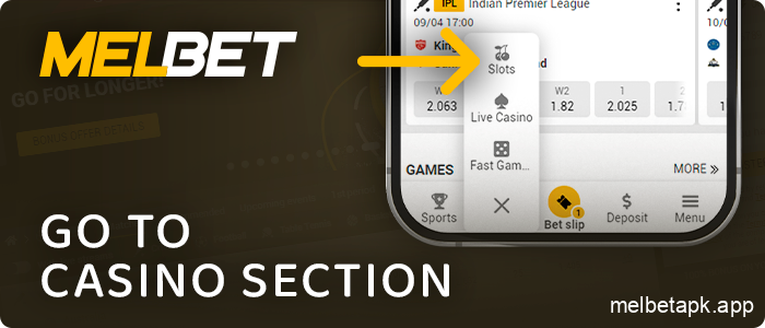 Select a casino category in Melbet app