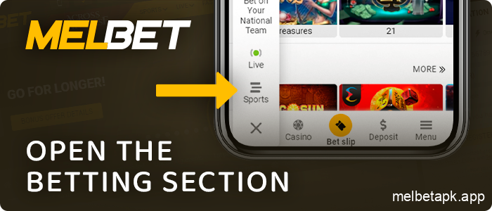 Select betting category in Melbet app