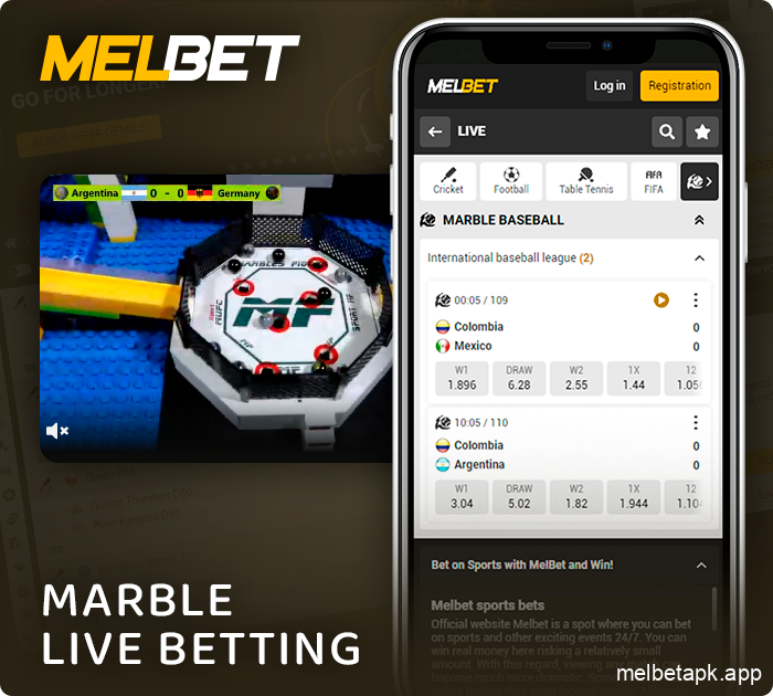 Place a live bet on MARBLE on Melbet app
