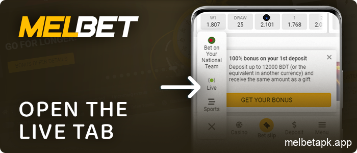 Go to the Live Betting section in the Melbet app