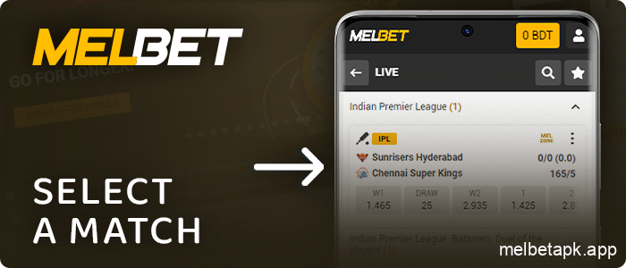 Selecting a live match in the Melbet app