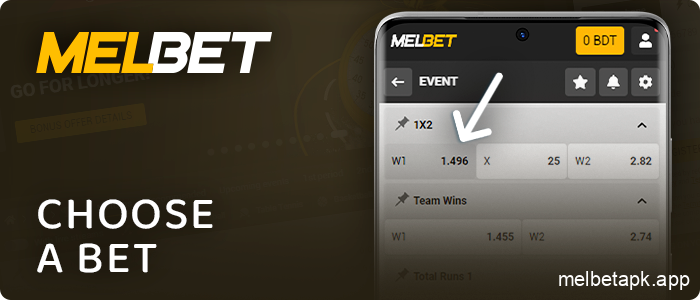 Click on bet in the Melbet app
