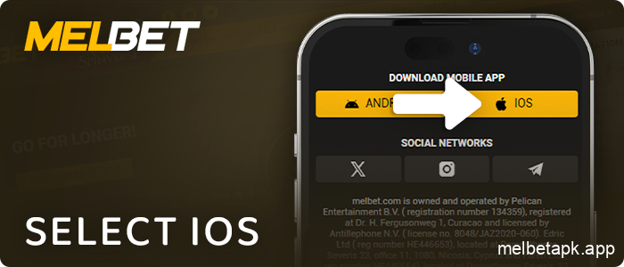 Select the iOS app on the Melbet website