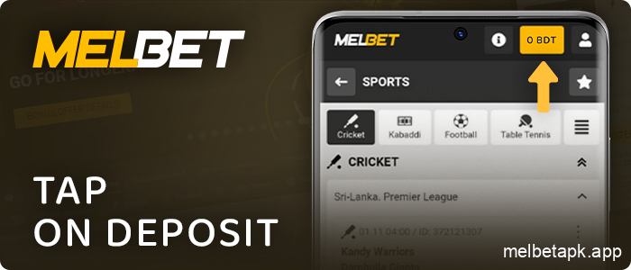 Click on the Deposit button in the Melbet menu