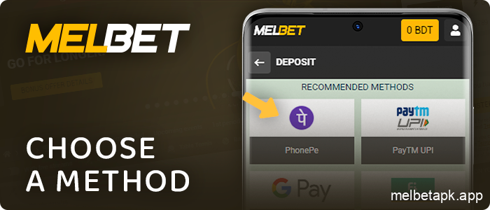 Select a payment method when making a Melbet deposit