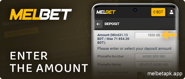 Enter your deposit amount in Melbet