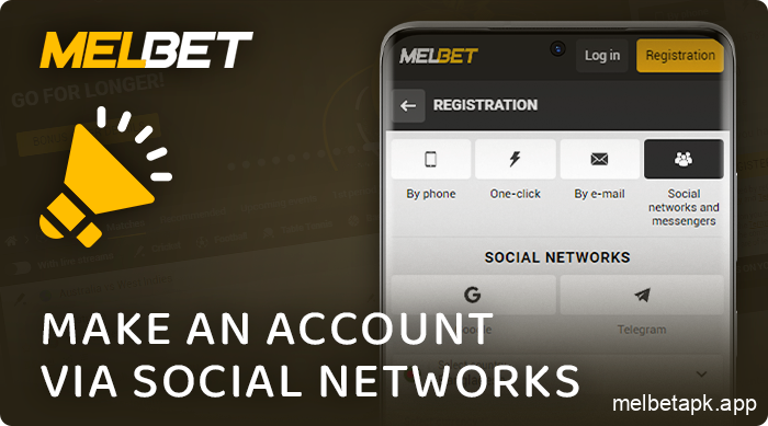 Registration through social networks in the Melbet application